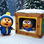 Pororo and his friends discovering an old box in the snow, looking curious and excited, inspired by the Pororo cartoon style.