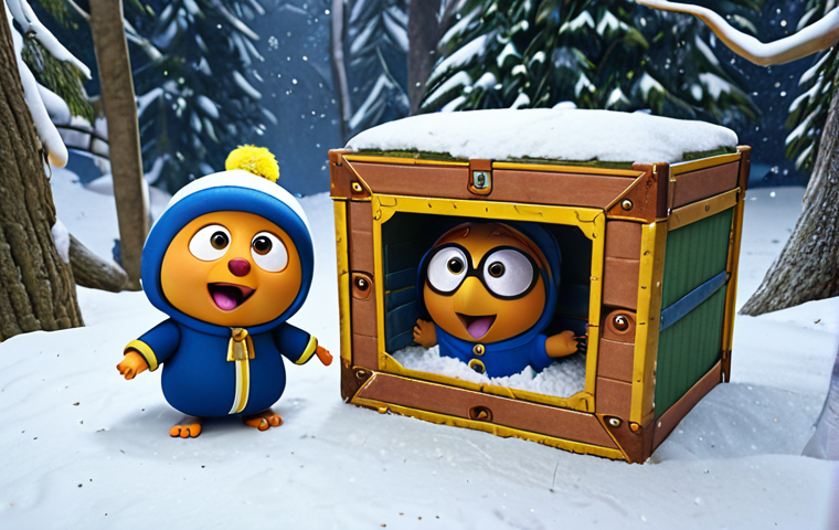 Pororo and his friends discovering an old box in the snow, looking curious and excited, inspired by the Pororo cartoon style.